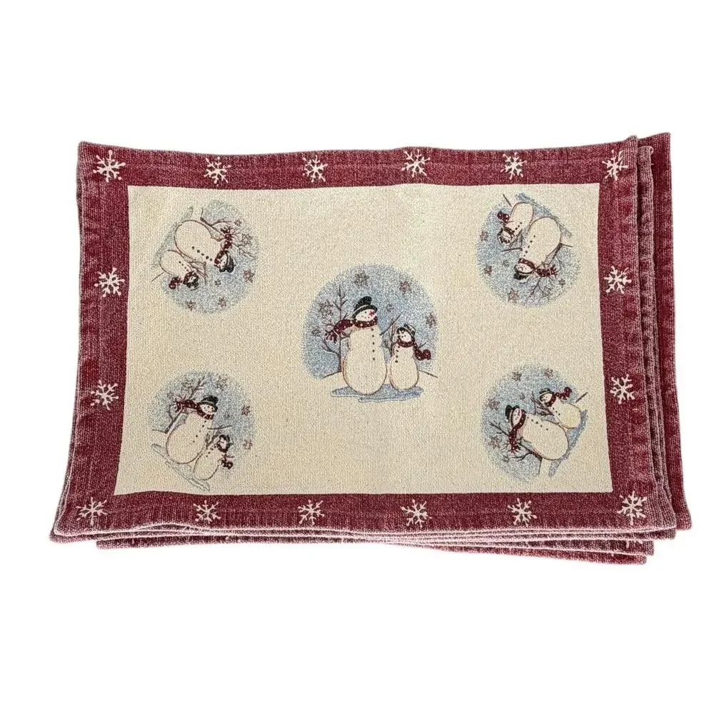 VTG Tapestry Christmas Placemats Set 8 Snowman Family Table Linen Set Homespun